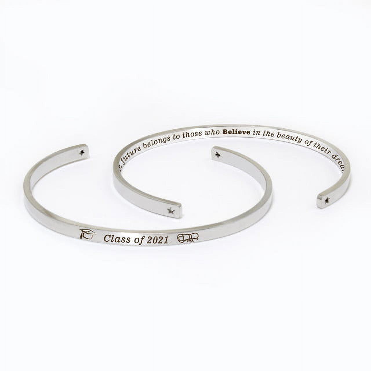 "The future belongs to…" Silver Stainless Steel Graduation Theme Hidden Message Gift for Her Cuff Bracelet with Gift Set