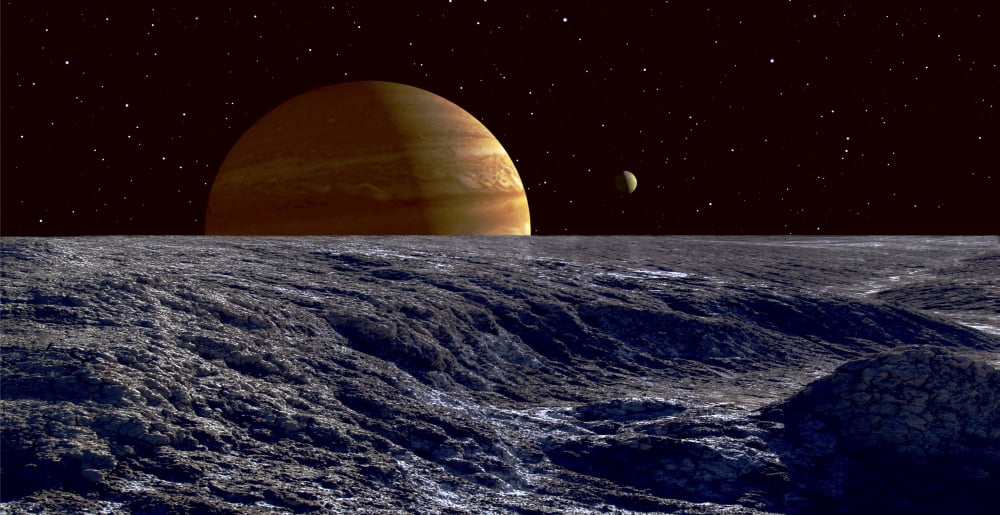 The gas giant Jupiter seen above the surface of Jupiters moon Europa Canvas Art - Frank HettickStocktrek Images (40 x 21)