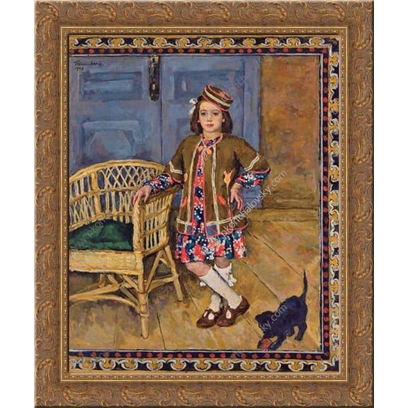 The girl in the Caucasus dress with a cat (Margot) 24x20 Gold Ornate Wood Framed Canvas Art by Pyotr Konchalovsky