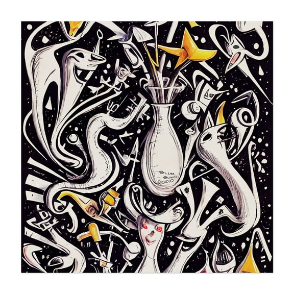 The gr8 Party. - Painting Surrealism Abstract Modern Art Psychedelic Flowers Humor Whimsical Unframed Wall Art Print 6 x 6 inches