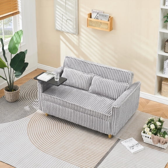 Modern Gray Corduroy Sofa with Dual Functions (54.13*35.43*29.92) and Movable Tabletop & USB Ports