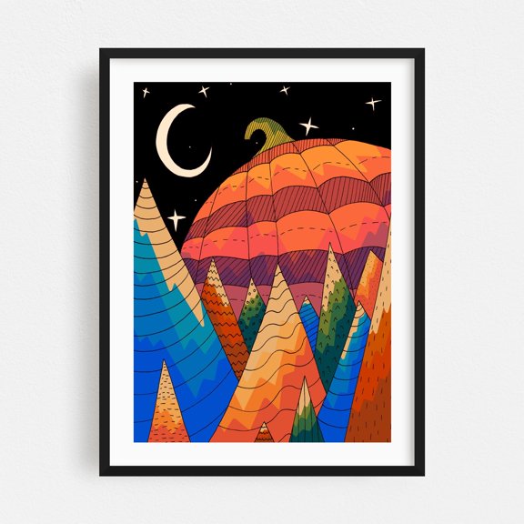 The great pumpkin - Illustration Psychedelic Halloween Surrealism Geometric Night Sky Whimsical Moon Black Framed Wall Art Print 16 x 24 inches