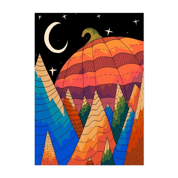 The great pumpkin - Illustration Psychedelic Halloween Surrealism Geometric Night Sky Whimsical Moon Unframed Wall Art Print 20 x 28 inches