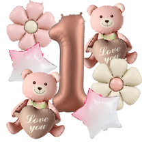 The heart-hold bear balloon set comes with sunflower and pink-white star balloons, suitable for birthday parties or anniversary decorations.