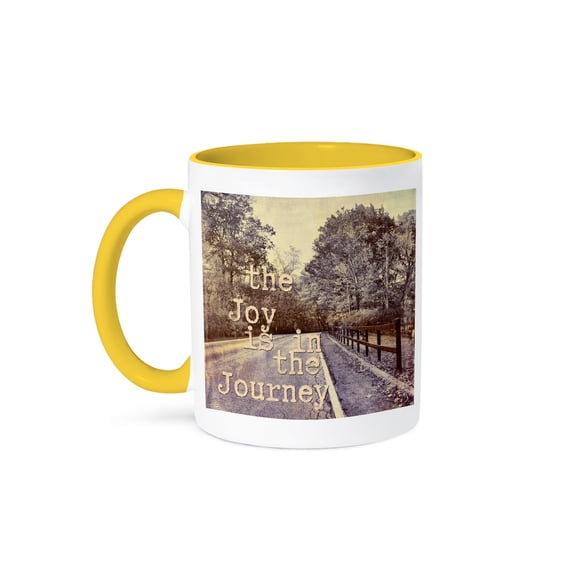 3dRose, The joy is in the journey mixed media typography art lonely road, 11oz Two-Tone Yellow Mug