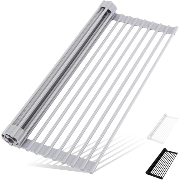The kitchen rolled-up dish and bowl drying rack above the sink is multi-purpose and foldable
