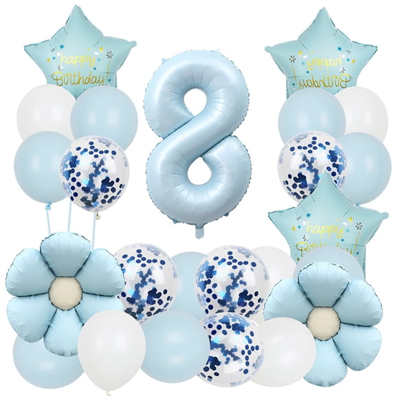 The light blue numbered balloon set includes birthday party decoration balloons featuring blue sunflowers and stars.