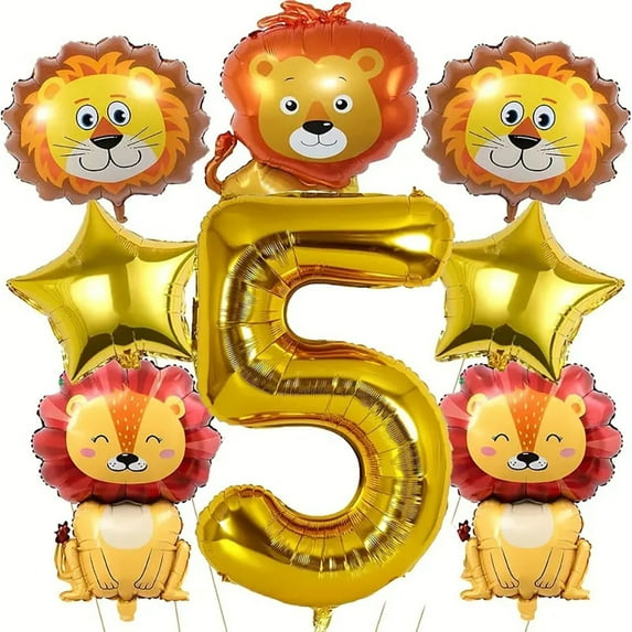 The lion-shaped balloon set includes lion head,sitting lion figure and number balloon, suitable for birthday party decoration.