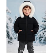 Toddler Baby Kids Winter Puffer Jacket with Detachable Hood and Faux Fur Trim – Warm Windproof Water-Resistant Coat for Boys and Girls 12M–7T, Black