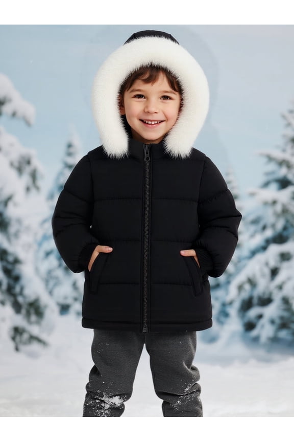 Toddler Boys Girls (1-8Y) Black Cotton Padded Puffer Jacket Front Pocket with Detachable Faux Fur Hood, Warm & Cozy Winter Coat for 4-5Years, Toddlers