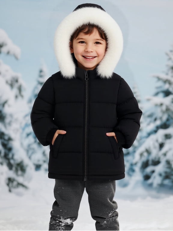 Toddler Baby Kids Winter Puffer Jacket with Detachable Hood and Faux Fur Trim – Warm Windproof Water-Resistant Coat for Boys and Girls 12M–7T, Black