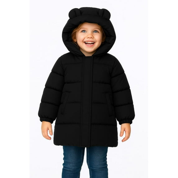 HILEELANG Kids Black Mid-Length Puffer Coat – Thick Quilted Winter Jacket with Bear Ear Hood, Warm Insulated Outerwear for Boys & Girls, Sizes 3-10 Years