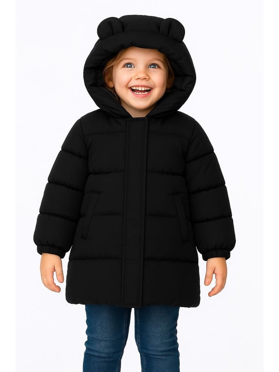 Kids Black Mid-Length Puffer Coat – Thick Quilted Winter Jacket with Bear Ear Hood, Warm Insulated Outerwear for Boys & Girls, Sizes 3-10 Years