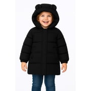 HILEELANG Kids Black Mid-Length Puffer Coat – Thick Quilted Winter Jacket with Bear Ear Hood, Warm Insulated Outerwear for Boys & Girls, Sizes 3-10 Years