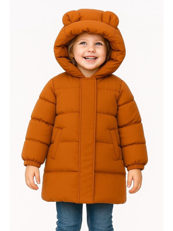 Toddler Kids Caramel Brown Mid-Length Puffer Coat – Warm Quilted Winter Jacket with Bear Ear Hood for Boys & Girls 5-6 Years