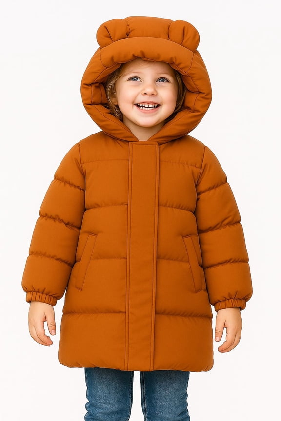 Toddler Kids Caramel Brown Mid-Length Puffer Coat – Warm Quilted Winter Jacket with Bear Ear Hood for Boys & Girls 5-6 Years