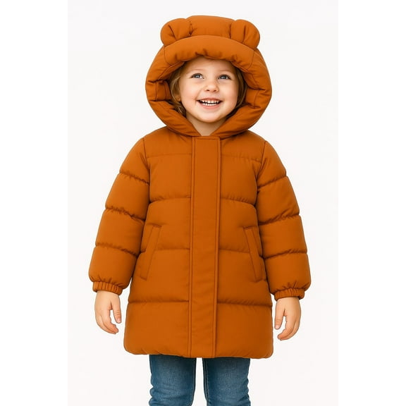 HILEELANG Big Kids Caramel Brown Mid-Length Puffer Coat – Warm Quilted Winter Jacket with Bear Ear Hood for Boys & Girls 9-10 Years