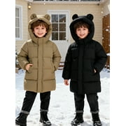 HILEELANG Kids Olive Khaki Green Mid-Length Puffer Coat – Warm Quilted Winter Jacket with Bear Ear Hood for Boys & Girls, Sizes 3-10 Years