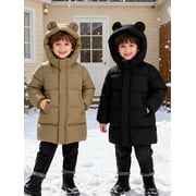 HILEELANG Kids Olive Khaki Green Mid-Length Puffer Coat – Warm Quilted Winter Jacket with Bear Ear Hood for Boys & Girls, Sizes 3-10 Years