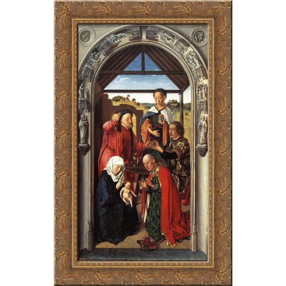 The middle panel of The Pearl of Brabant Adoration of the Magi 24x16 Gold Ornate Wood Framed Canvas Art by Dirk Bouts