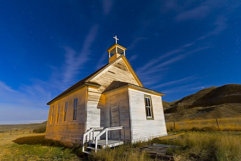 The old pioneer church in Dorothy Alberta Canada on a starry night Canvas Art - Alan DyerStocktrek Images (18 x 12)
