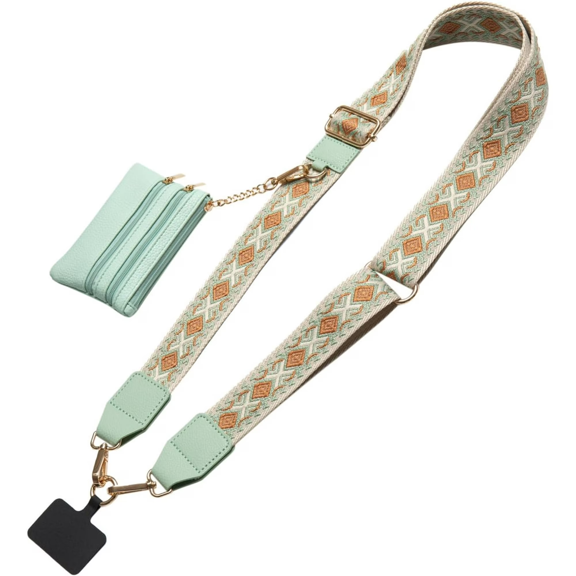 The phone strap can be worn diagonally. It has an adjustable phone belt that can hold a wallet. Clip and Go Strap for Phone with Wallet