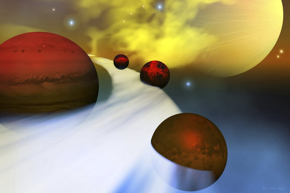The planet Jupiter with its moon system Canvas Art - Corey FordStocktrek Images (18 x 12)