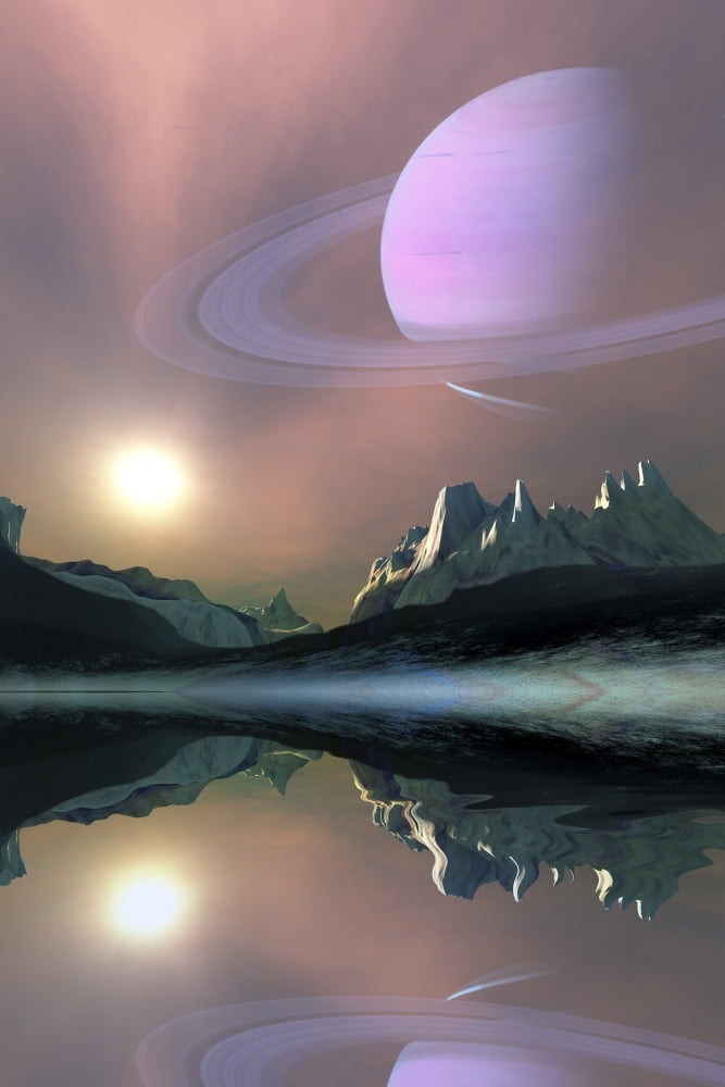 The planet Saturn lights up the sky of one of its moons called Titan Canvas Art - Corey FordStocktrek Images (23 x 35)