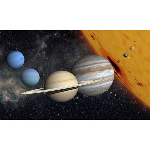 The planets and larger moons to scale with the Sun Canvas Art - Ron MillerStocktrek Images (18 x 11)