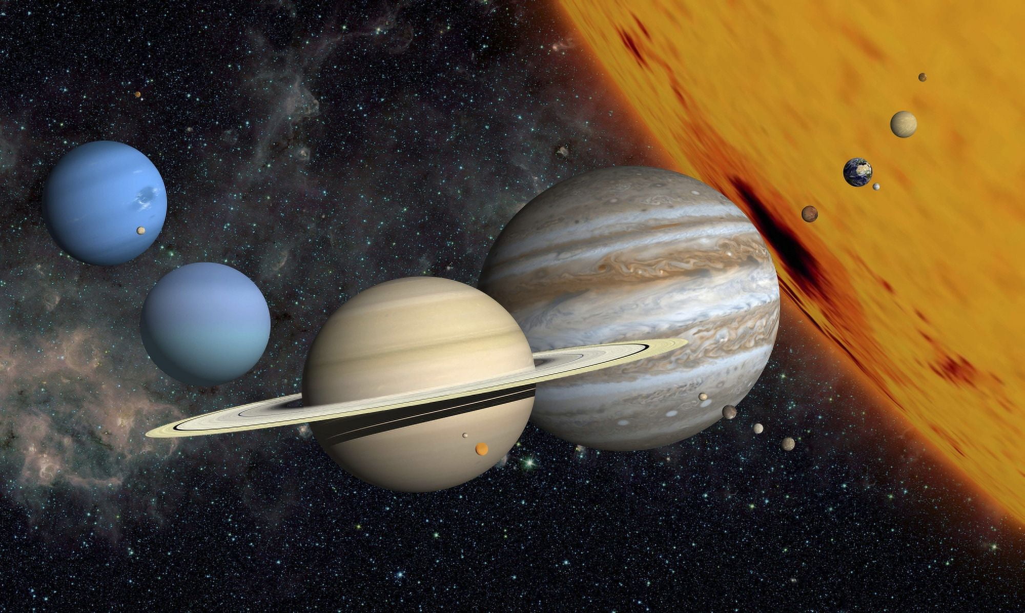 The planets and larger moons to scale with the Sun Canvas Art - Ron MillerStocktrek Images (36 x 22)