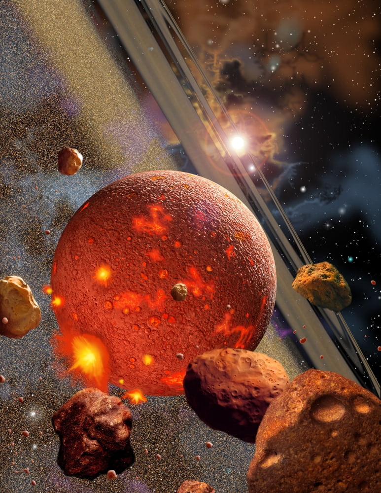 The primordial Earth being formed by asteroid-like bodies Canvas Art - Ron MillerStocktrek Images (13 x 16)
