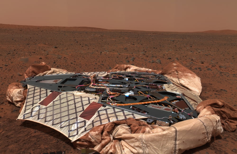 The rovers landing site the Columbia Memorial Station at Gusev Crater Mars Canvas Art - Stocktrek Images (35 x 23)