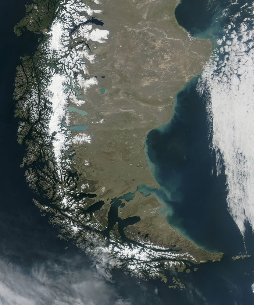 The rugged snow-capped Andes dominate the left side of this image of Southern Chile and Argentina Canvas Art - Stocktrek Images (25 x 30)