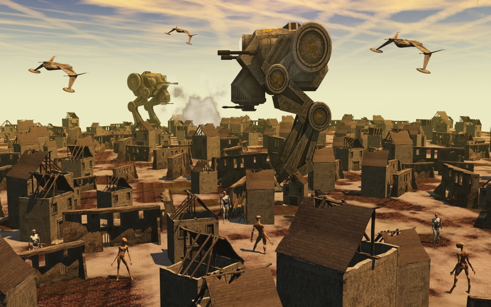 The ruins of an Earth type environment where reptoids and androids conflict Canvas Art - Mark StevensonStocktrek Images (18 x 12)