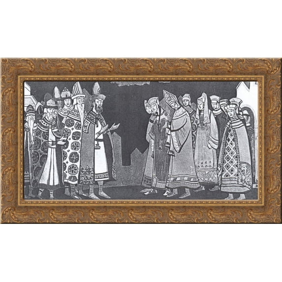 The scene with the two large groups of figures in costumes 24x14 Gold Ornate Wood Framed Canvas Art by Nicholas Roerich