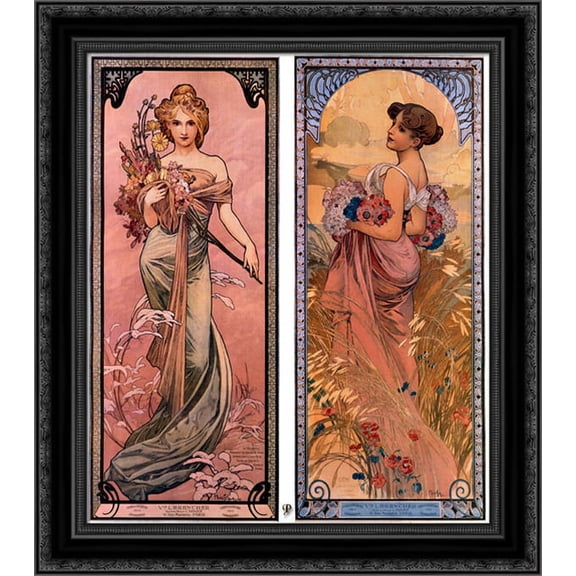 The seasons (Spring, Summer) 16x24 Black Ornate Wood Framed Canvas Art by Mucha, Alphonse