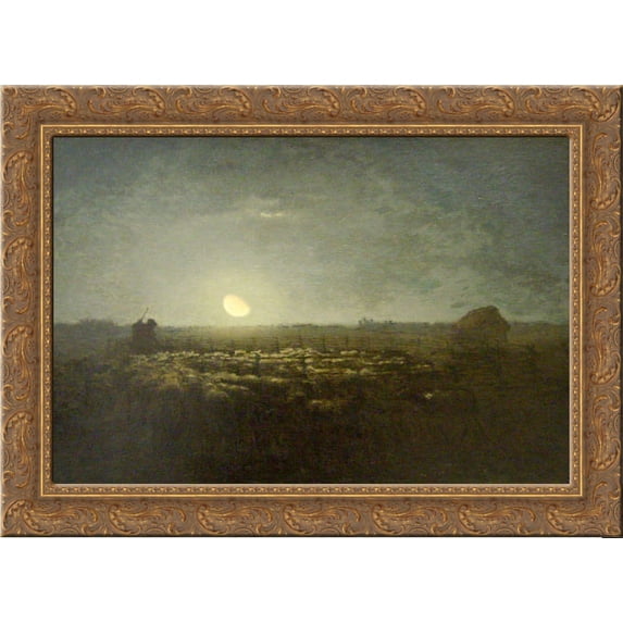 The sheep pen, moonlight 24x20 Gold Ornate Wood Framed Canvas Art by Millet, Jean Francois