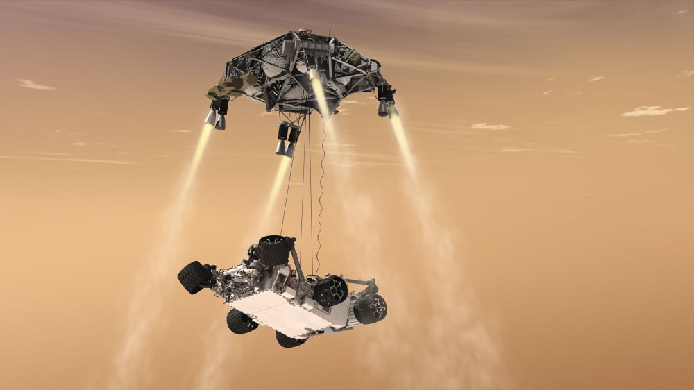 The sky crane maneuver during the descent of NASAs Curiosity rover Canvas Art - Stocktrek Images (38 x 21)