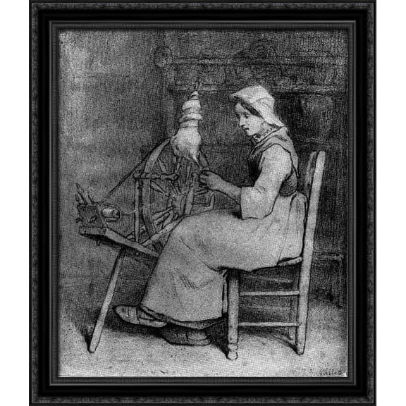 The spinner 28x34 Large Black Ornate Wood Framed Canvas Art by Jean Francois Millet