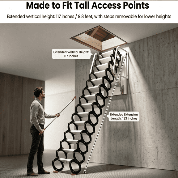 The storage room staircase is designed to be foldable, effectively saving space. Load capacity up to 110.2317 pounds (lb)