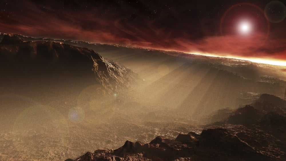 The sun rises over Gale Crater Mars Canvas Art - Steven HobbsStocktrek Images (38 x 22)