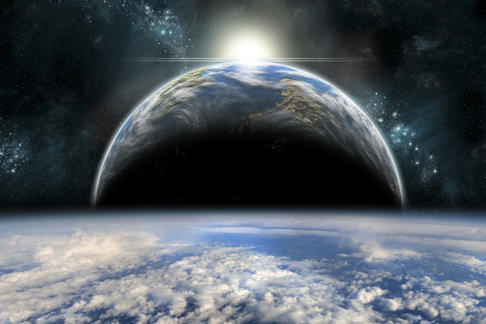 The sun rises over one of a pair of twin planets Canvas Art - Marc WardStocktrek Images (35 x 24)