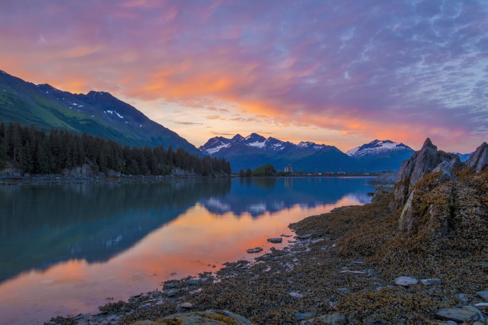 The sun sets behind Dock Point and the Chugach Mountains Valdez Alaska United States of America Canvas Art - Zachary Sheldon Design Pics (38 x 24)