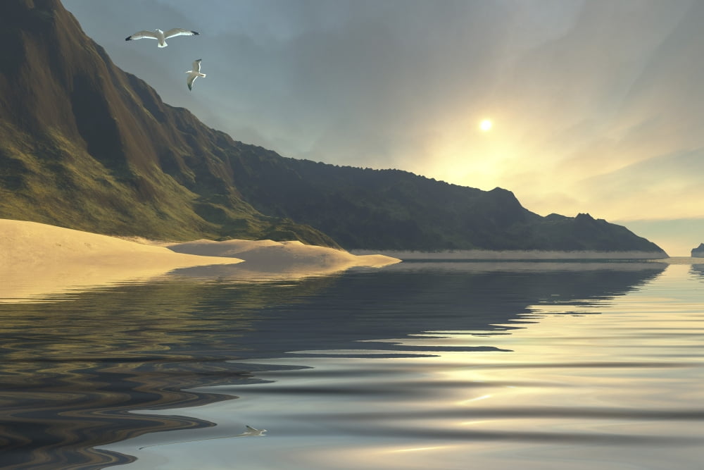 The sun sets on a beautiful mountainside and shoreline Canvas Art - Corey FordStocktrek Images (35 x 23)