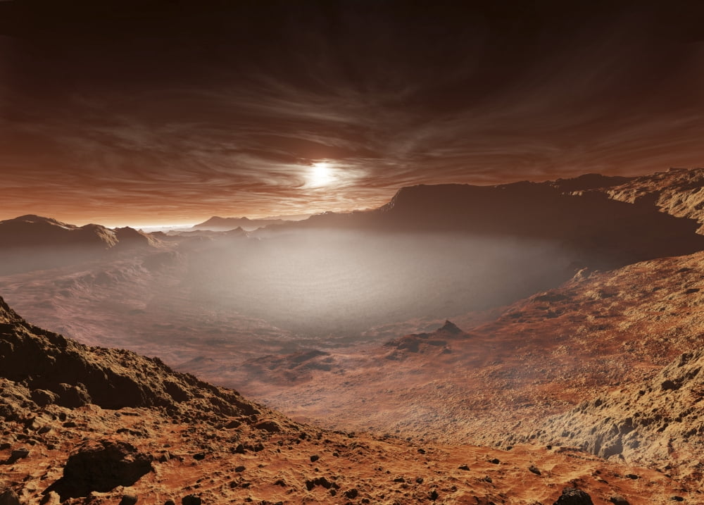 The sun sets over the Eberswalde region of Mars Canvas Art - Steven HobbsStocktrek Images (17 x 12)