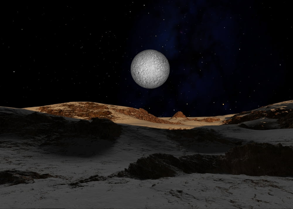 The surface of Pluto with Charon in the sky Canvas Art - Ron MillerStocktrek Images (17 x 12)
