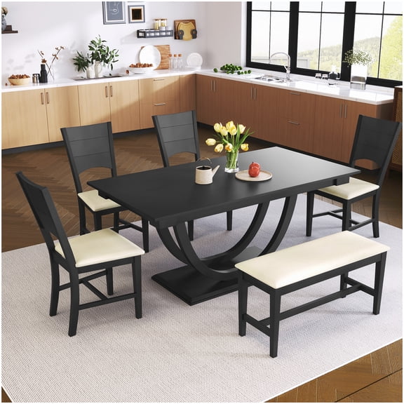 The table's distinctive half-round legs make a design statement, while the padded, upholstered seats invite relaxation.