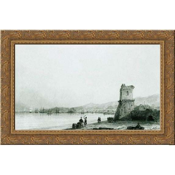 The tower of Genoa 24x18 Gold Ornate Wood Framed Canvas Art by Aivazovsky, Ivan