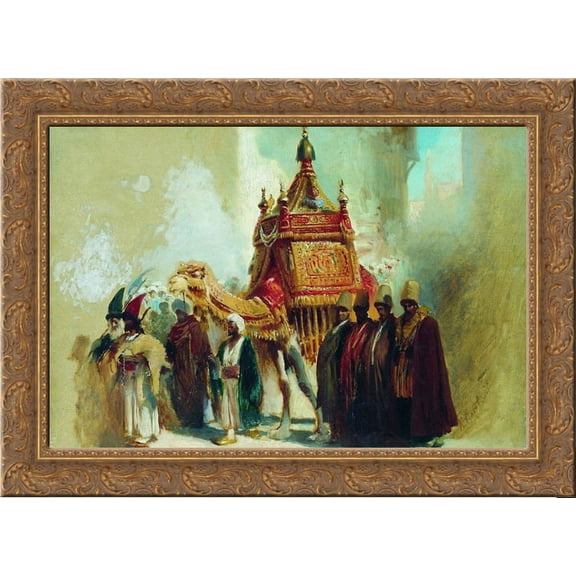The transfer of the sacred carpet from Mecca to Cairo 24x20 Gold Ornate Wood Framed Canvas Art by Makovsky, Konstantin