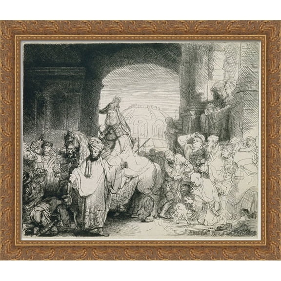 The triumph of Mordechai 34x28 Large Gold Ornate Wood Framed Canvas Art by Rembrandt